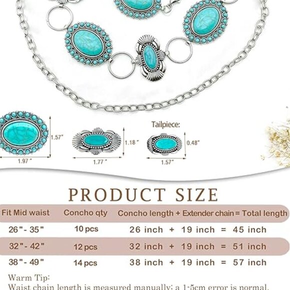 Turquoise Concho Belt for Women Silver Western Chain Belt, Cowgirl Country belt - Picture 5 of 8